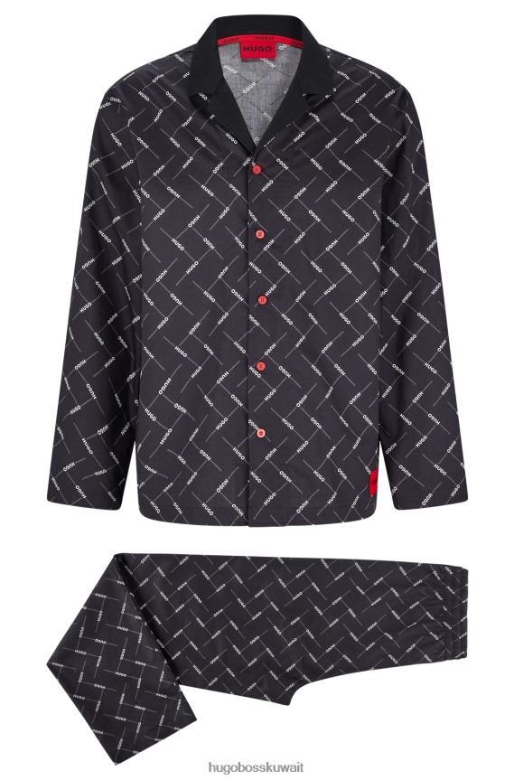 4TFNJN3471 أسود Hugo Boss طقم بيجامة في علبة هدية مع طباعة شعار هوغو باللون الأسود