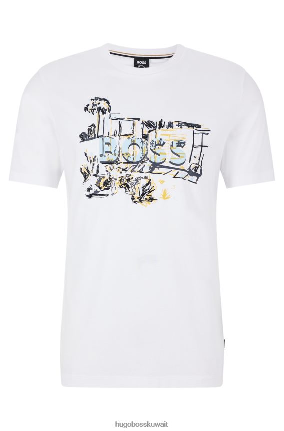 4TFNJN3473 أبيض Hugo Boss تي شيرت هوغو من الجيرسي القطني الأبيض مع عمل فني مرسومة باليد