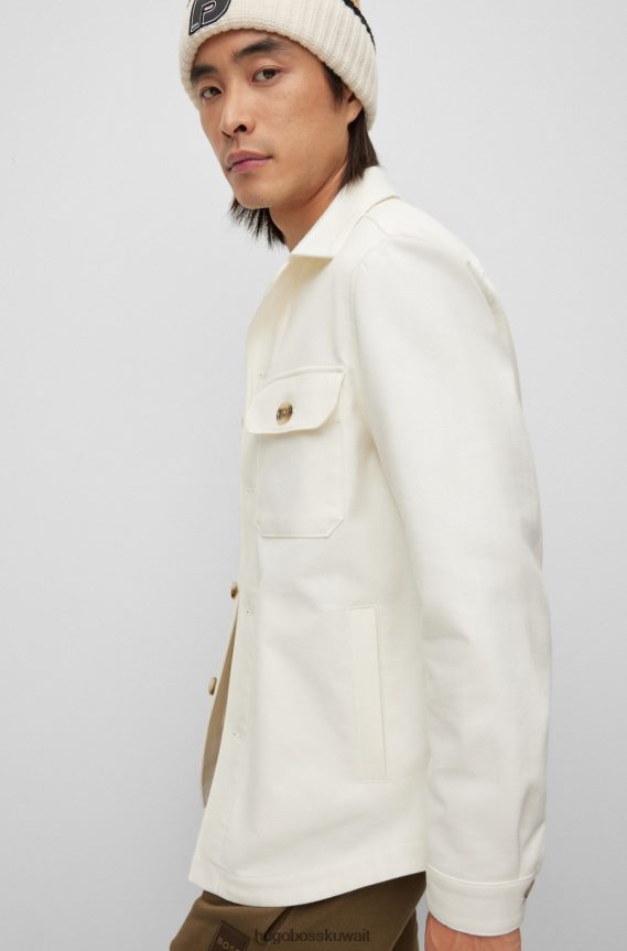 4TFNJN3478 أبيض Hugo Boss سترة هوغو بيضاء بقصة مريحة على شكل قميص من القطن الخالص