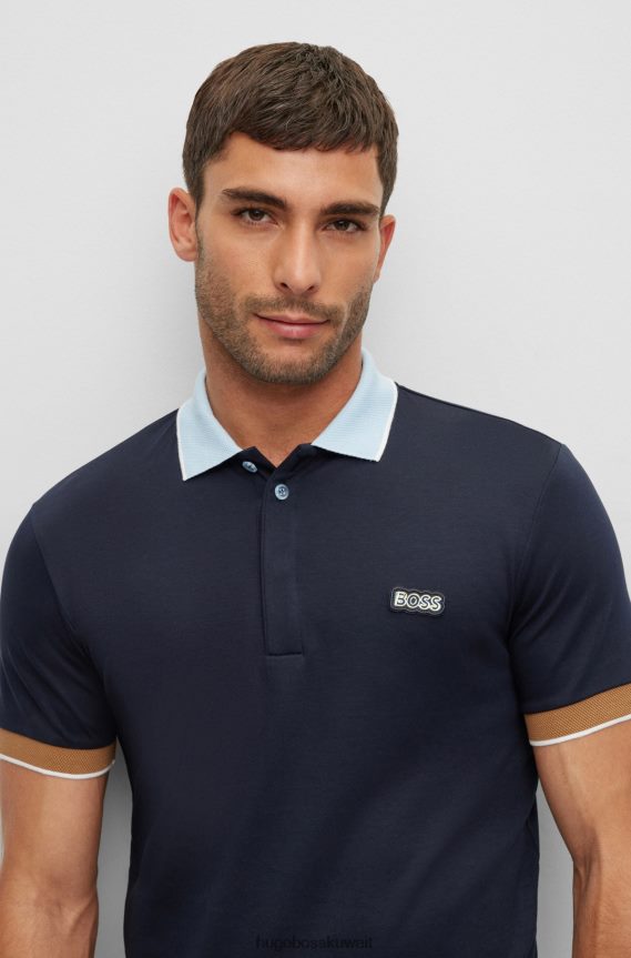 4TFNJN3486 أزرق غامق Hugo Boss قميص بولو بقصة ضيقة من قطن هوغو المتشابك باللون الأزرق الداكن مع رقعة الشعار