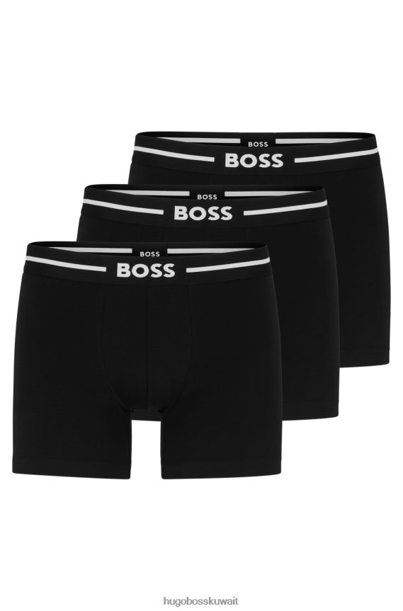 4TFNJN3489 أسود Hugo Boss حزمة من ثلاثة سراويل داخلية من القطن المطاطي تحمل شعار هوغو باللون الأسود