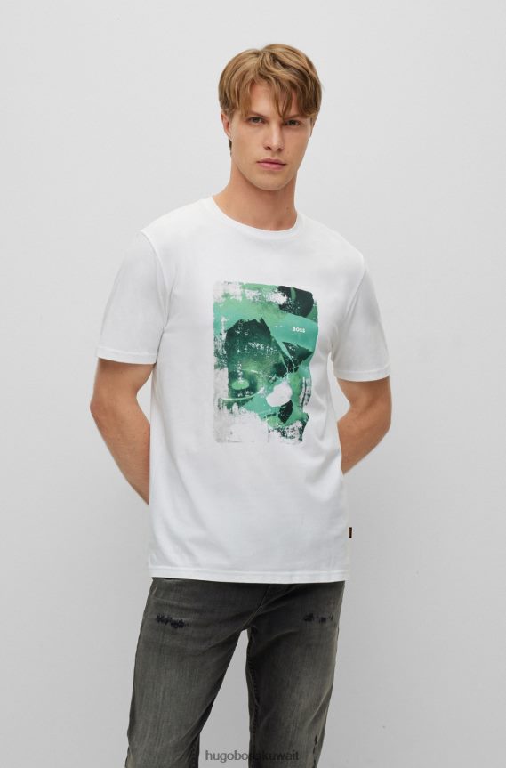 4TFNJN3508 أبيض Hugo Boss تي شيرت من الجيرسي القطني مع هوغو أبيض بطبعة موسمية