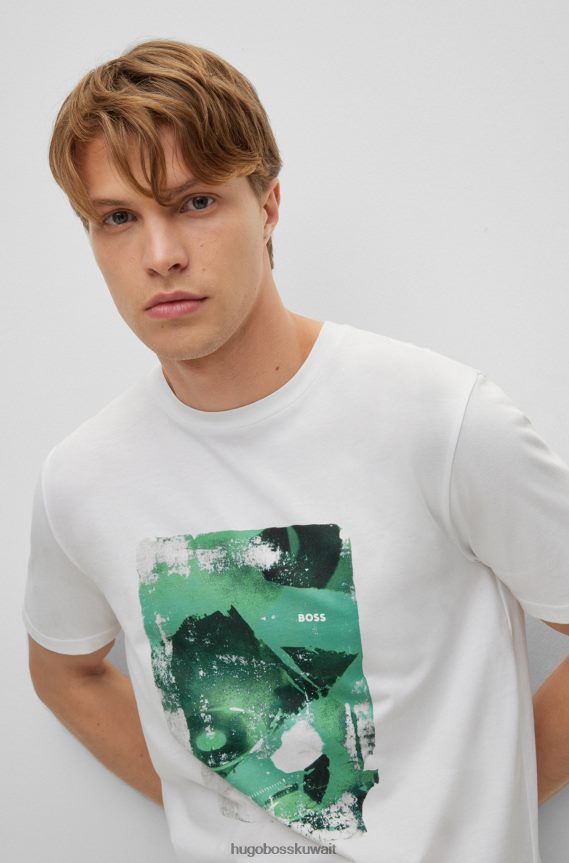 4TFNJN3508 أبيض Hugo Boss تي شيرت من الجيرسي القطني مع هوغو أبيض بطبعة موسمية