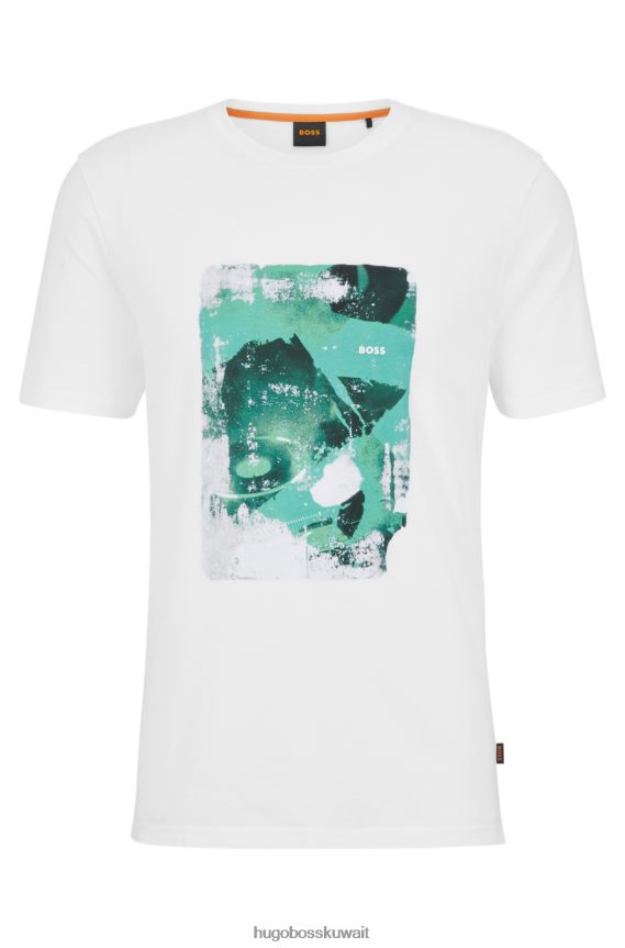 4TFNJN3508 أبيض Hugo Boss تي شيرت من الجيرسي القطني مع هوغو أبيض بطبعة موسمية