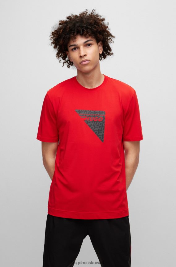 4TFNJN3516 أحمر Hugo Boss تيشيرت بشعار الكبسولة مصنوع من قماش شبكي مطاطي بلون أحمر هوغو