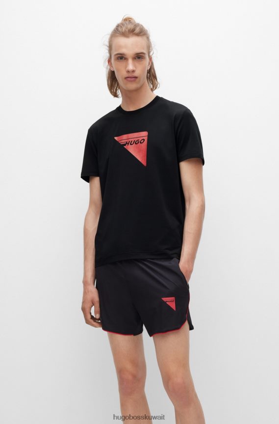 4TFNJN3517 أسود Hugo Boss تيشيرت بشعار Hugo باللون الأسود مصنوع من قماش شبكي مطاطي