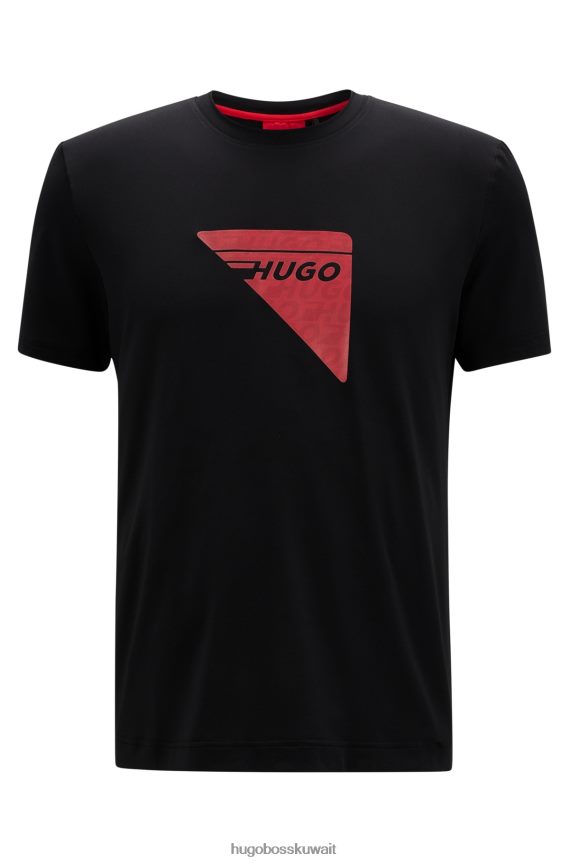 4TFNJN3517 أسود Hugo Boss تيشيرت بشعار Hugo باللون الأسود مصنوع من قماش شبكي مطاطي