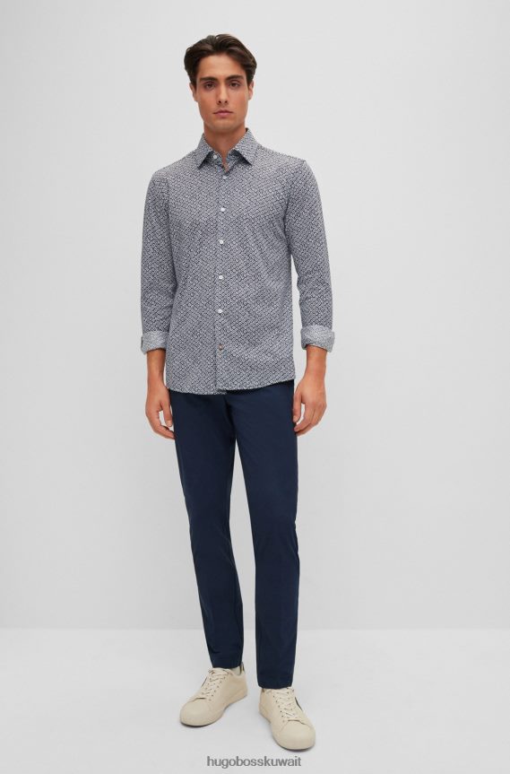 4TFNJN3518 أزرق غامق Hugo Boss قميص Hugo ذو قصة ضيقة باللون الأزرق الداكن مصنوع من قطن الجيرسيه المطبوع