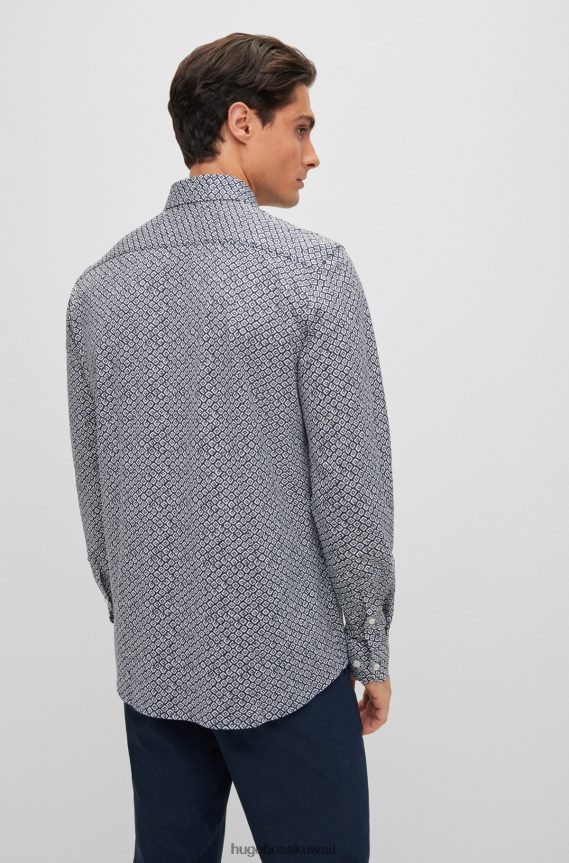 4TFNJN3518 أزرق غامق Hugo Boss قميص Hugo ذو قصة ضيقة باللون الأزرق الداكن مصنوع من قطن الجيرسيه المطبوع
