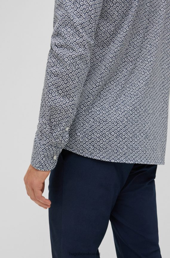 4TFNJN3518 أزرق غامق Hugo Boss قميص Hugo ذو قصة ضيقة باللون الأزرق الداكن مصنوع من قطن الجيرسيه المطبوع