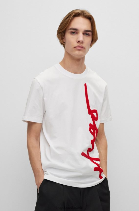 4TFNJN3532 أبيض Hugo Boss تي شيرت من القطن العضوي مع شعار كبير الحجم مطرز باللون الأبيض