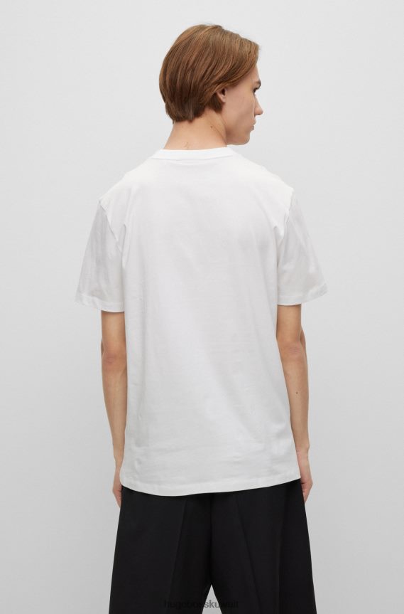 4TFNJN3532 أبيض Hugo Boss تي شيرت من القطن العضوي مع شعار كبير الحجم مطرز باللون الأبيض