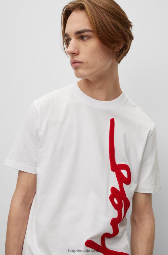 4TFNJN3532 أبيض Hugo Boss تي شيرت من القطن العضوي مع شعار كبير الحجم مطرز باللون الأبيض
