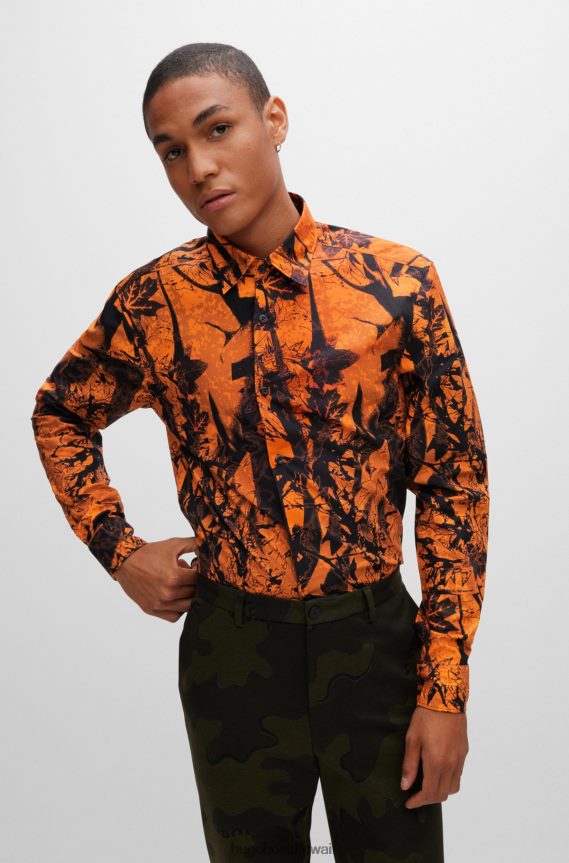 4TFNJN3533 برتقالي قاتم Hugo Boss قميص برتقالي داكن بقصة ضيقة من القطن مع طباعة هوغو موسمية