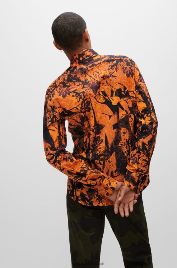 4TFNJN3533 برتقالي قاتم Hugo Boss قميص برتقالي داكن بقصة ضيقة من القطن مع طباعة هوغو موسمية