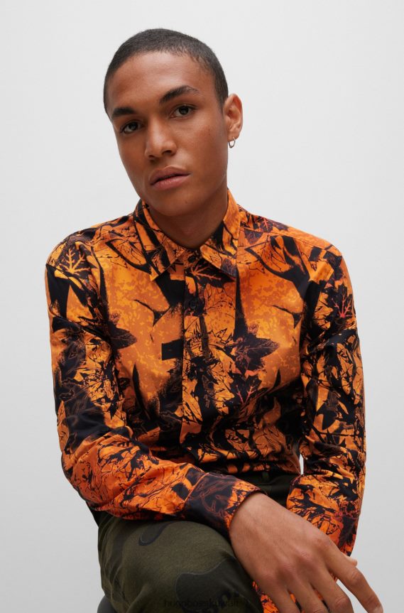 4TFNJN3533 برتقالي قاتم Hugo Boss قميص برتقالي داكن بقصة ضيقة من القطن مع طباعة هوغو موسمية