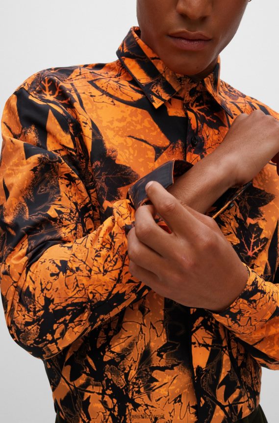 4TFNJN3533 برتقالي قاتم Hugo Boss قميص برتقالي داكن بقصة ضيقة من القطن مع طباعة هوغو موسمية