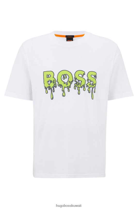 4TFNJN3541 أبيض Hugo Boss تي شيرت هوغو من الجيرسي القطني باللون الأبيض مع شعار فني ملون