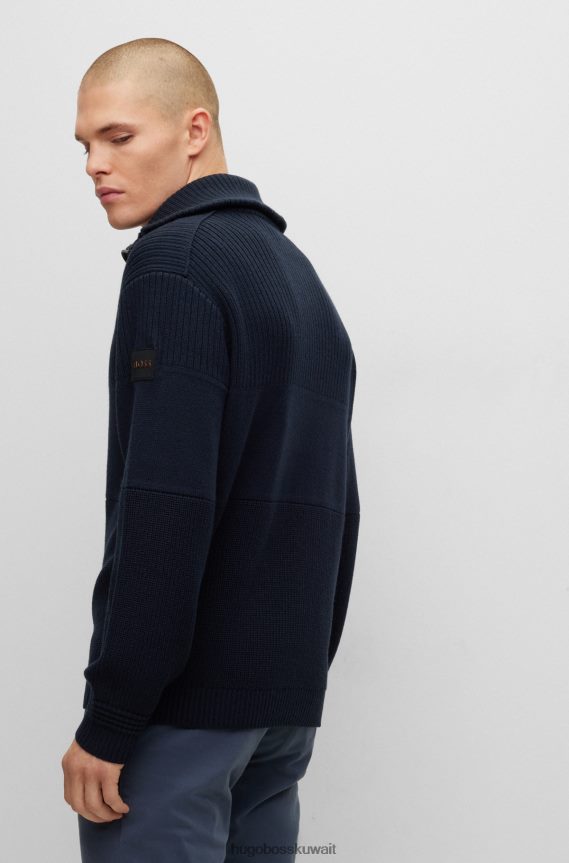 4TFNJN3542 أزرق غامق Hugo Boss Hugo سترة محبوكة ذات قصة عادية باللون الأزرق الداكن مع شارة الشعار