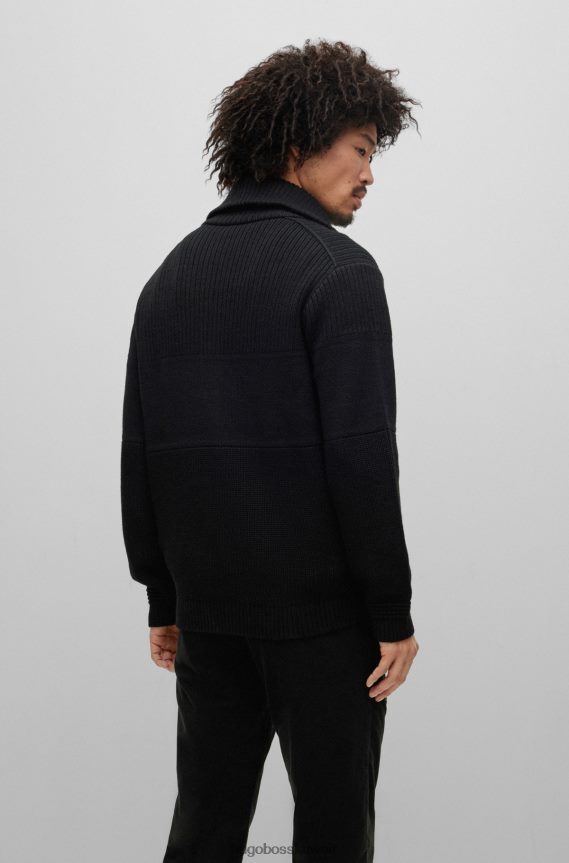 4TFNJN3543 أسود Hugo Boss هوغو سترة محبوكة ذات مقاس عادي مع شارة الشعار باللون الأسود