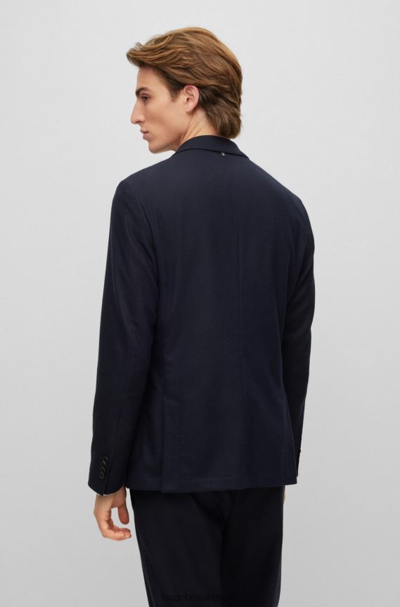 4TFNJN3544 أزرق غامق Hugo Boss سترة غير مبطنة بقصة ضيقة مع طية صدر السترة باللون الأزرق الداكن