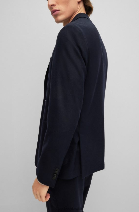 4TFNJN3544 أزرق غامق Hugo Boss سترة غير مبطنة بقصة ضيقة مع طية صدر السترة باللون الأزرق الداكن