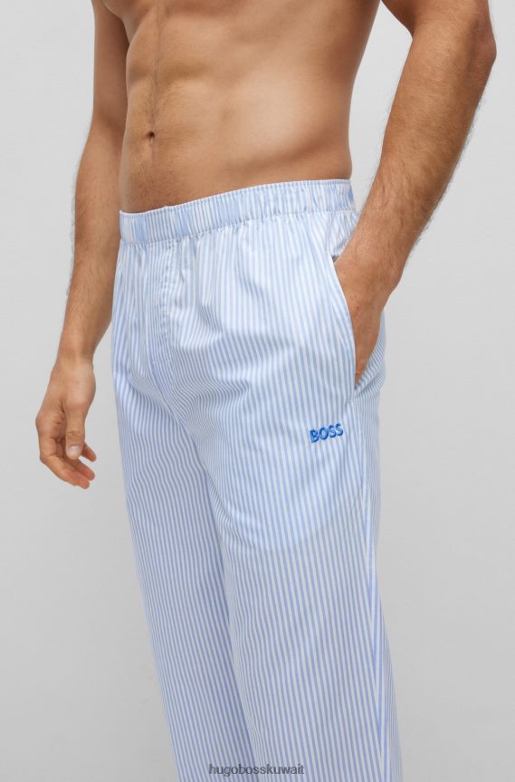 4TFNJN3547 أزرق فاتح Hugo Boss بنطلون بيجامة مطرز بشعار هوغو باللون الأزرق الفاتح من قماش البوبلين القطني المخطط