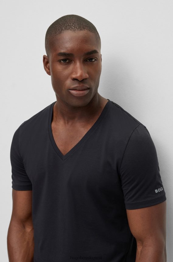 4TFNJN3552 أسود Hugo Boss تيشيرت داخلي بقصة ضيقة من مزيج القطن مع شعار هوغو مطبوع باللون الأسود