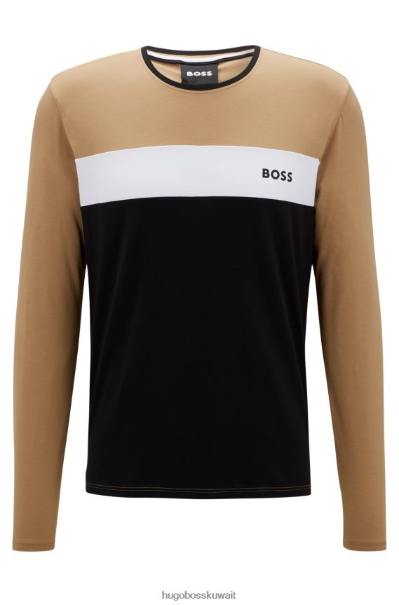 4TFNJN3563 اللون البيج Hugo Boss تيشيرت بيجامة بألوان متعددة من مزيج القطن باللون البيج