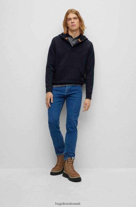 4TFNJN3566 أزرق غامق Hugo Boss هودي من مزيج القطن المخلوط باللون الأزرق الداكن مع شعارات مطرزة