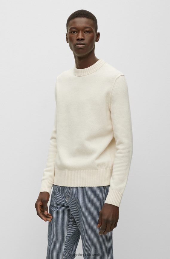 4TFNJN3570 أبيض Hugo Boss سترة بيضاء بياقة دائرية من مزيج هوغو من الصوف البكر