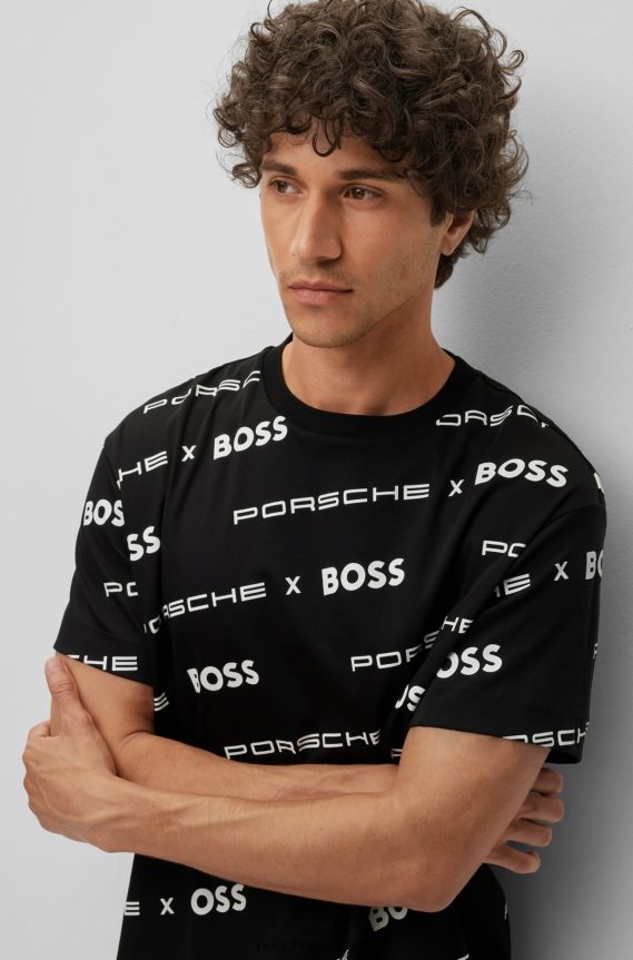 4TFNJN3572 أسود Hugo Boss سترة بورش x هوغو منقوشة من القطن المتشابك