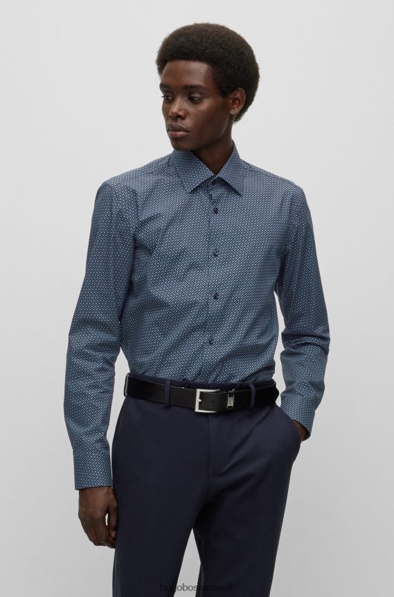 4TFNJN3585 أزرق Hugo Boss قميص بقصة ضيقة وطبعة مونوغرام، من قماش البوبلين القطني المطاطي باللون الأزرق