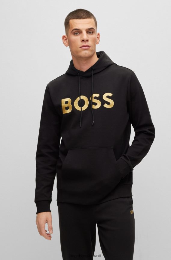4TFNJN3594 أسود Hugo Boss هودي هوغو من مزيج القطن بقصة مريحة مع شعار متباين باللون الأسود