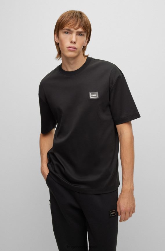 4TFNJN3601 أسود Hugo Boss تي شيرت مريح مصنوع من قطن الجيرسيه مع شعار هوغو أسود مؤطر