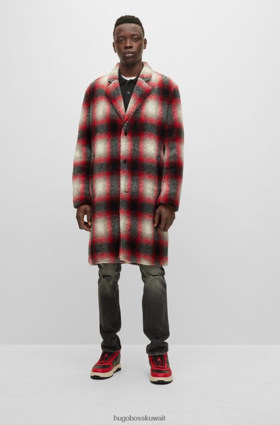 4TFNJN3613 منقوشة Hugo Boss معطف ذو مقاس عادي مصنوع من تيدي مربعات مع بطانة ناعمة منقوشة