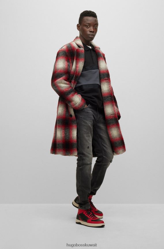 4TFNJN3613 منقوشة Hugo Boss معطف ذو مقاس عادي مصنوع من تيدي مربعات مع بطانة ناعمة منقوشة