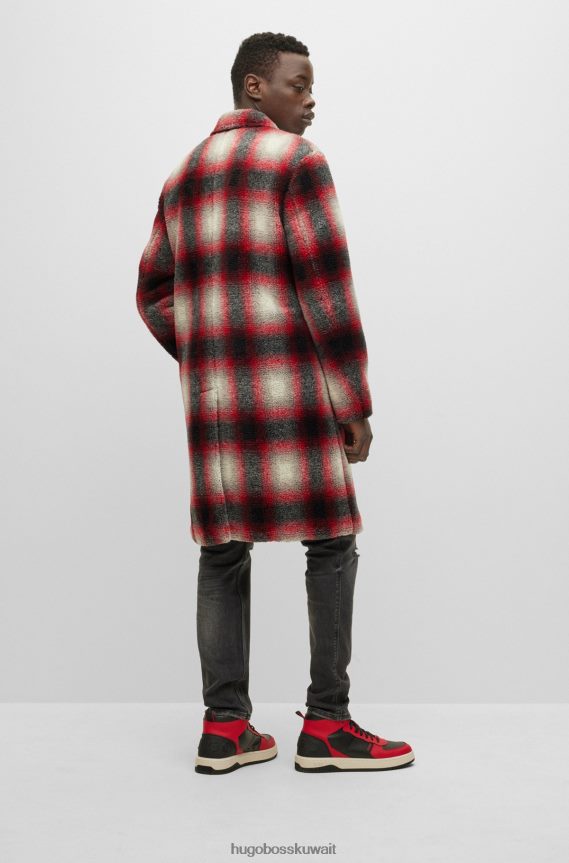 4TFNJN3613 منقوشة Hugo Boss معطف ذو مقاس عادي مصنوع من تيدي مربعات مع بطانة ناعمة منقوشة