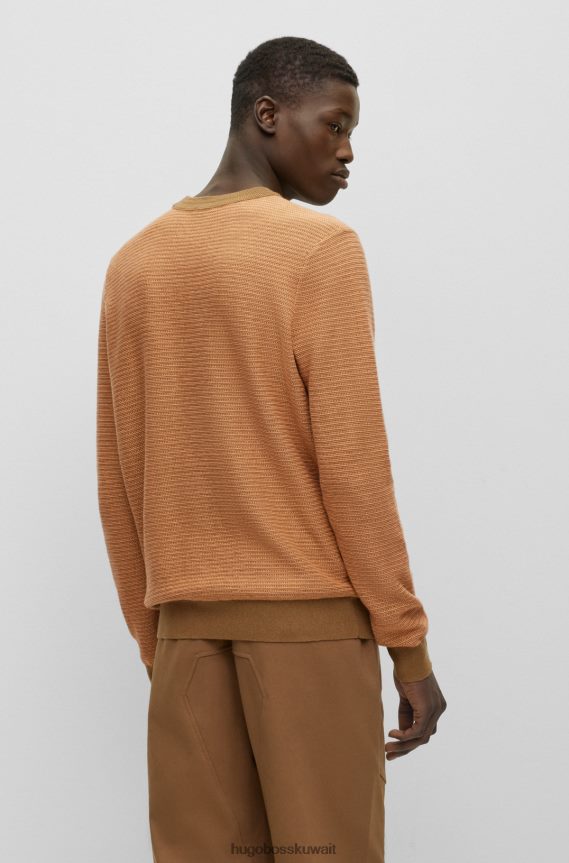 4TFNJN3614 البني الفاتح Hugo Boss سترة من الكشمير والقطن باللون البني الفاتح مع شارة شعار هوغو منسوجة