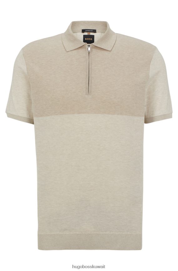 4TFNJN3642 البيج الفاتح Hugo Boss قميص بولو Hugo برقبة بسحاب من الحرير والقطن باللون البيج الفاتح