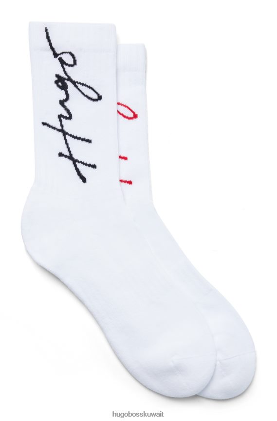 4TFNJN3645 أبيض Hugo Boss حزمة من اثنين من الجوارب ربع الطول مع شعارات مكتوبة بخط اليد باللون الأبيض