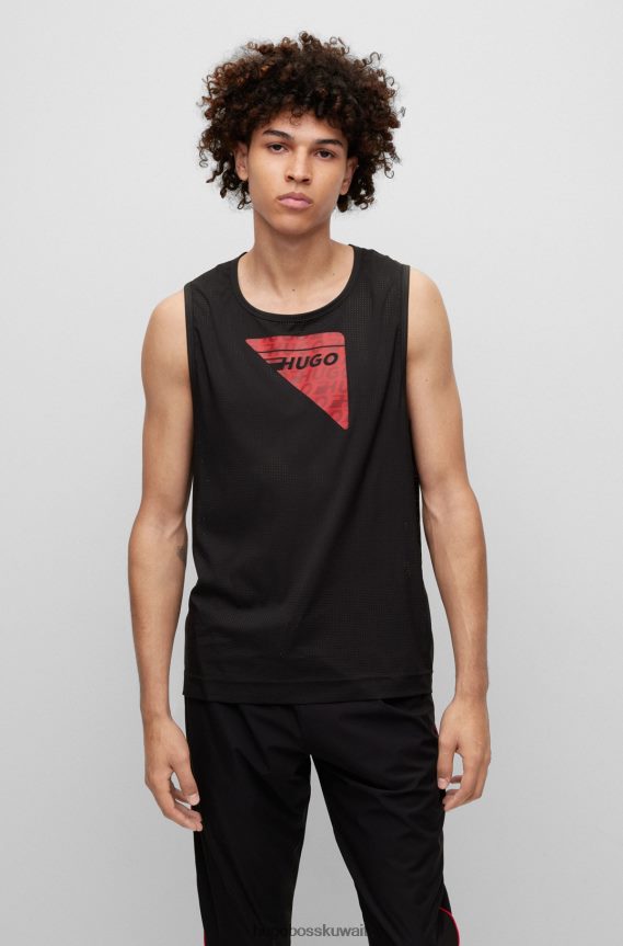 4TFNJN3661 أسود Hugo Boss بلوزة بدون أكمام شبكية قابلة للتمدد مع شعار كبسولة هوغو باللون الأسود