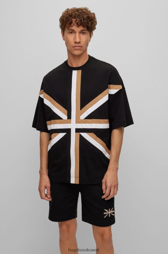 4TFNJN3667 أسود Hugo Boss تي شيرت من القطن العضوي مع Union Jack ولوحة سيارة أجرة باللون الأسود
