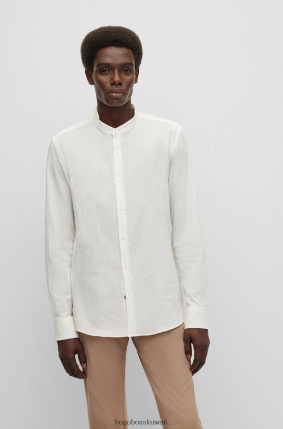 4TFNJN3669 أبيض Hugo Boss قميص Hugo الأبيض بدون ياقة بقصة ضيقة من القطن القطني المطاطي