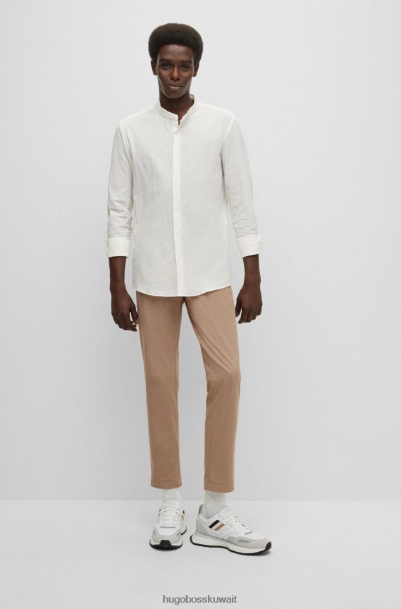 4TFNJN3669 أبيض Hugo Boss قميص Hugo الأبيض بدون ياقة بقصة ضيقة من القطن القطني المطاطي