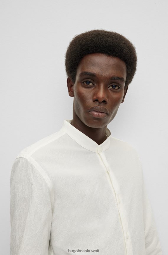 4TFNJN3669 أبيض Hugo Boss قميص Hugo الأبيض بدون ياقة بقصة ضيقة من القطن القطني المطاطي