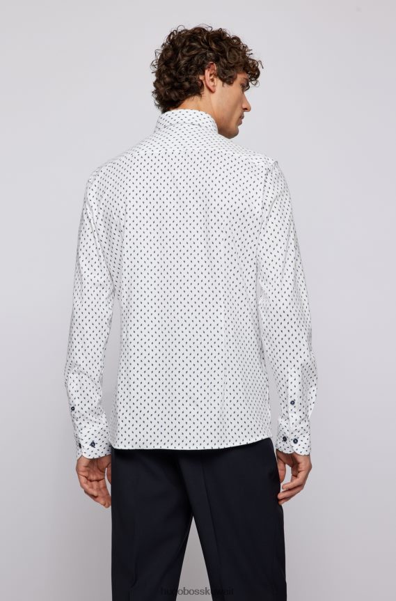 4TFNJN3670 أبيض Hugo Boss قميص Hugo ذو قصة ضيقة مصنوع من قطن الجيرسيه المطبوع باللون الأبيض
