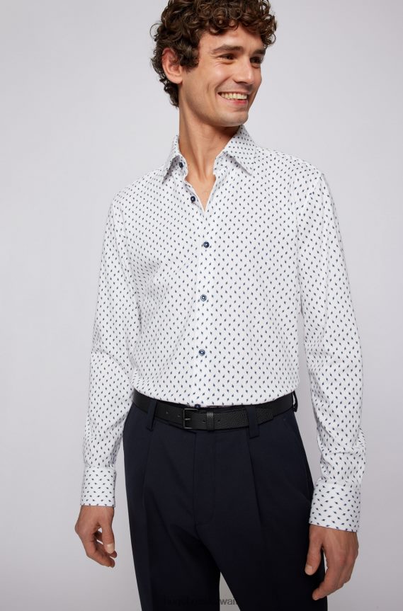 4TFNJN3670 أبيض Hugo Boss قميص Hugo ذو قصة ضيقة مصنوع من قطن الجيرسيه المطبوع باللون الأبيض