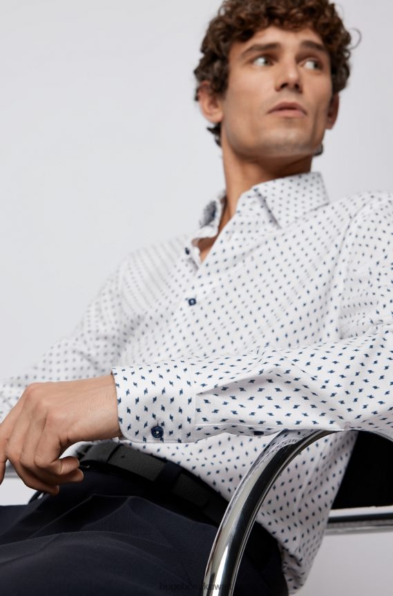 4TFNJN3670 أبيض Hugo Boss قميص Hugo ذو قصة ضيقة مصنوع من قطن الجيرسيه المطبوع باللون الأبيض