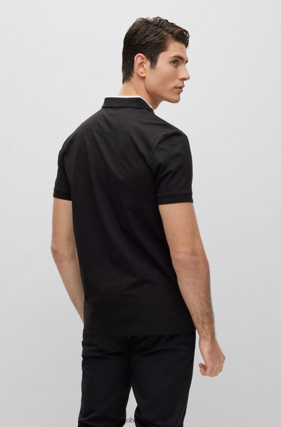 4TFNJN3678 أسود Hugo Boss قميص بولو أسود من القطن المطاطي بقصة ضيقة مع شعار هوغو